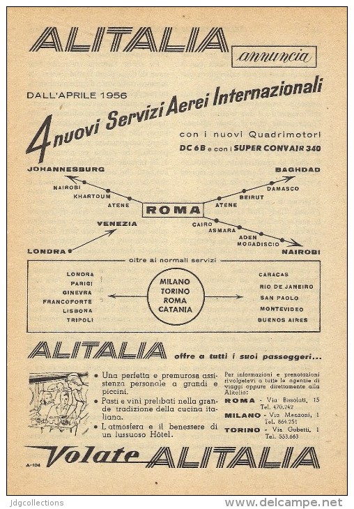 # ALITALIA 1950s Italy Advert Pub Pubblicità Reklame Airlines Airways Aviation Airplane Aereo Avion - Publicidad