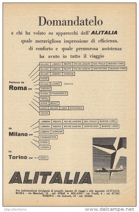 # ALITALIA 1950s Italy Advert Pub Pubblicità Reklame Airlines Airways Aviation Airplane Aereo Avion - Publicités