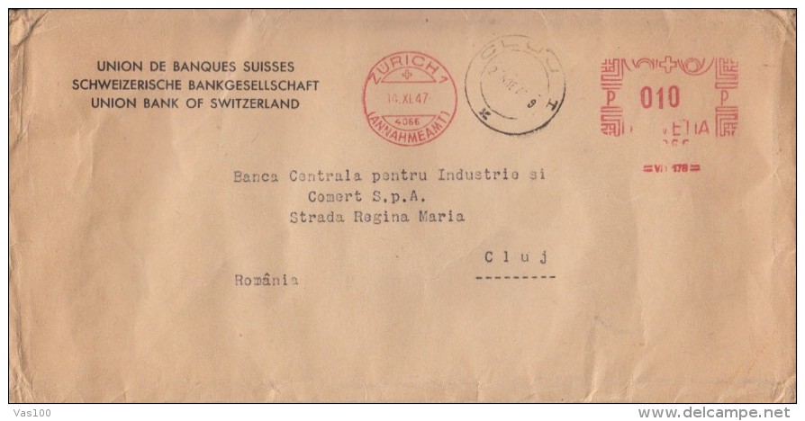 AMOUNT 10, ZURICH, SPECIAL RED POSTMARK ON COVER, 1947, SWITZERLAND - Covers & Documents