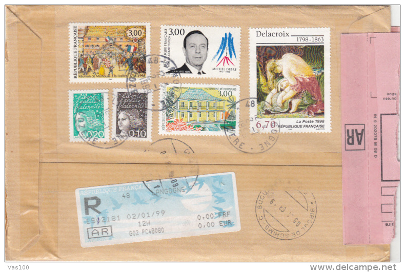 ANGELS, DOVE, VERSAILLES PALACE, ABBEY,, PAINTINGS, MICHEL DEBRE, WOMAN, STAMPS ON REGISTERED COVER, 1999, FRANCE - Storia Postale