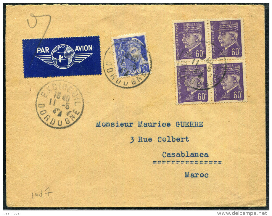 FRANCE - PETAIN - N° 509 (4) + 407 / LETTRE AVION D´EXCIDEUIL LE 11/5/1942, POUR LE MAROC  - TB - 1941-42 Pétain