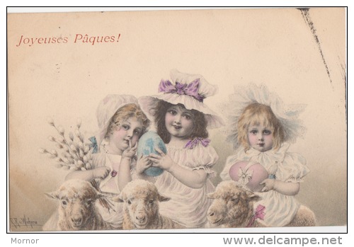 CARTE ILLUSTRATEUR JOYEUSES PÂQUES ENFANTS  AGNEAUX  Signé  WICHERA - Wichera