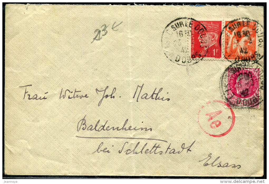 FRANCE - PETAIN - N° 514 + 516 + 435 / LETTRE OBL. L'ISLE SUR LE DOUBS LE 23/2/1942, POUR L´ALSACE AVEC CENSURE  - TB - 1941-42 Pétain