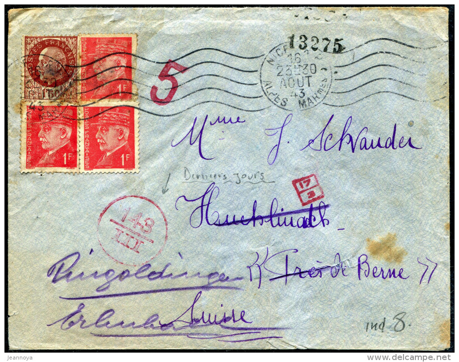 FRANCE - PETAIN - N° 514 (3) + 517 / LETTRE O.M. NICE LE 16/8/1943, POUR LA SUISSE AVEC CENSURE  - TB - 1941-42 Pétain