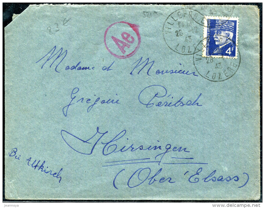 FRANCE - PETAIN - N° 521A / LETTRE DE VILLEFORT LE 28/12/1943, POUR L'ALSACE AVEC CENSURE - TB - 1941-42 Pétain