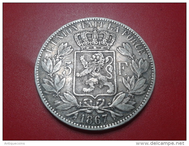 RARE  5 F BELGE  1867          "AVEC POINT APRES LE F" - 5 Francs