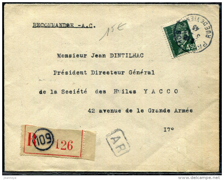 FRANCE - PETAIN - N° 521B/ LR  AVEC AR DE PARIS LE 3/12/1943, POUR PARIS - TB - 1941-42 Pétain