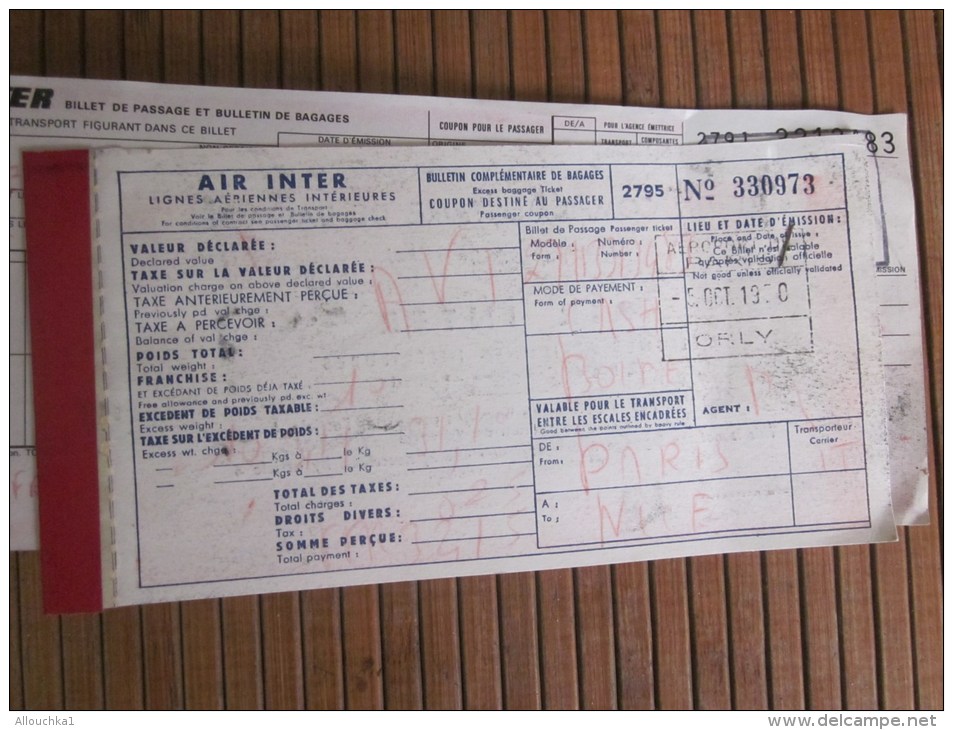 Titre De Transport Billet D'embarquement Par Avion Air Inter + Bulletin Complémentaire  Bagages 5/12/1970 Paris Nice - Europa