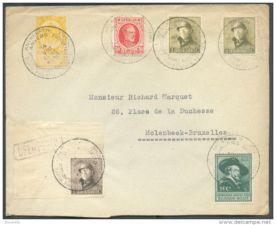 Lettre Affranchissement Multi-émissions Dont 2 Centimes Armoirie (N°54) , Houyoux, Rubens Et Casqué (dont N°165 Cdf Aec - 1919-1920  Cascos De Trinchera