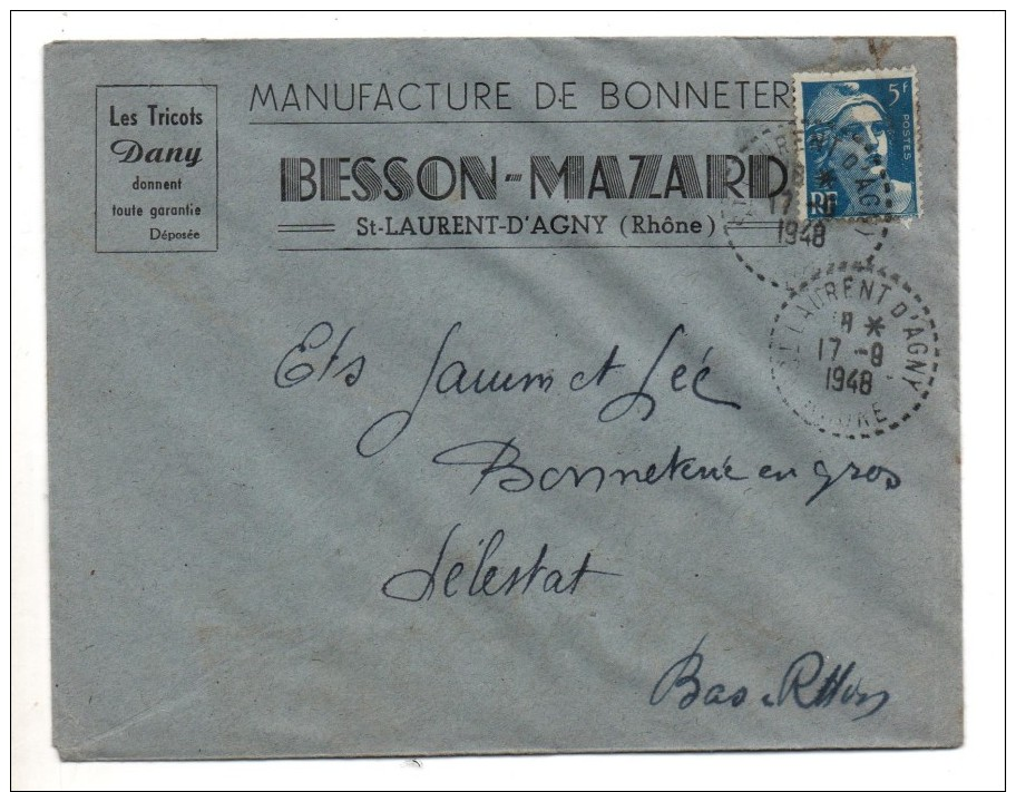 Cachet  ST.LAURENT - D'AGNY Rhône 17.8.1948 - Manufacture De Bonneterie BESSON -MAZARD - 1921-1960: Modern Period