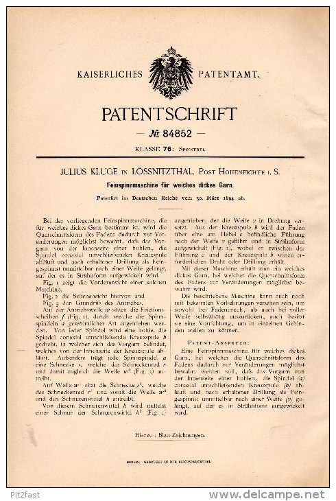 Original Patentschrift -J. Kluge In Lößnitztal / Oederan B. Leubsdorf , 1894 , Fein - Spinnmaschine , Spinnerei !!! - Maschinen