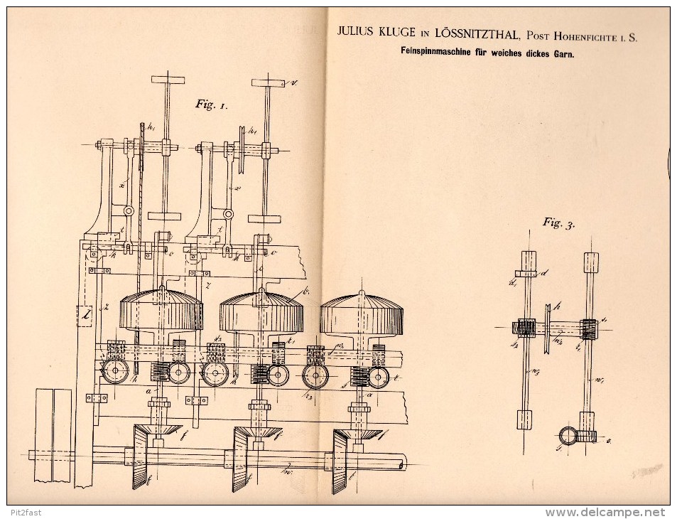 Original Patentschrift -J. Kluge In Lößnitztal / Oederan B. Leubsdorf , 1894 , Fein - Spinnmaschine , Spinnerei !!! - Maschinen