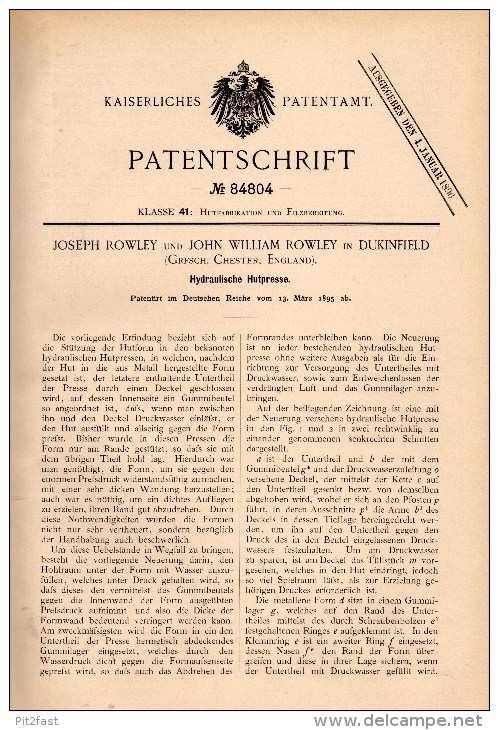 Original Patentschrift - J. Rowley In Dukinfield , Chester , 1895 , Hydraulic Press For Hats , Hat , Felt !!! - Tools