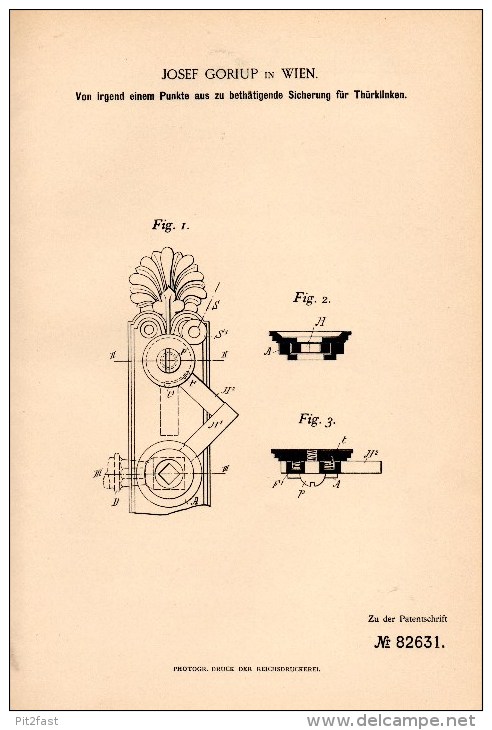 Original Patentschrift - Josef Goriup In Wien , 1894 , Sicherung Für Türklinke , Türenbau , Schlüsseldienst , Tür !!! - Historische Dokumente