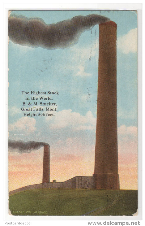 B & M Smelter Smoke Stack Great Falls Montana 1916 Postcard - Great Falls