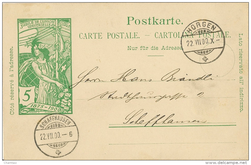 JUBILE DE L UNION POSTALE UNIVERSELLE 1975 1900 TAMPONS POSTAL DEPART HORGEN ARRIVEE SCHAFFHAUSEN - Entiers Postaux