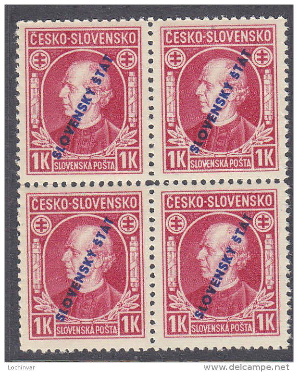 SLOVAKIA, 1939  1K RED O/PRINT BLOCK 4 MNH - Neufs