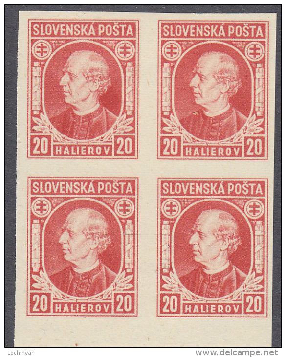 SLOVAKIA, 1939  20h RED IMPERF BLOCK 4 MNH - Unused Stamps