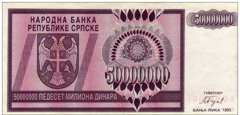 Bosnia 50,000,000 Dinara 1993 Pick 145 No  UNC - Bosnie-Herzegovine