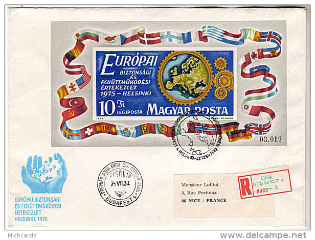 Enveloppe HONGRIE 1975 - Europa, Carte, Ruban D Emblemes - Bloc Non Dentele (Yvert  119) - Covers & Documents