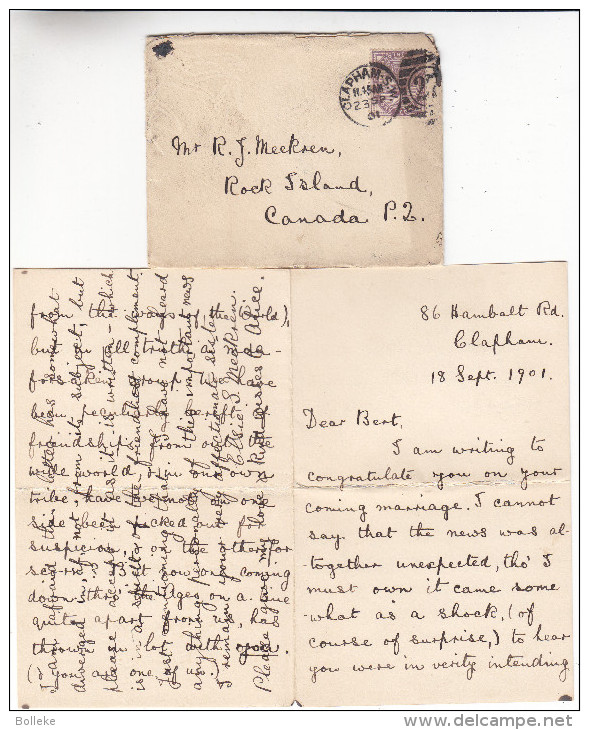 Grande Bretagne - Lettre De 1901 - Avec Contenu - Oblitération Clapham - Exp Vers Le Canada - Rock Island - Briefe U. Dokumente