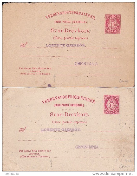 NORGE - 1894/99 - 2 CARTES ENTIER POSTAL PARTIE REPONSE NEUVES - VARIETE DECALAGE DES POINTS DANS LES 2 LIGNES DU BAS - Enteros Postales