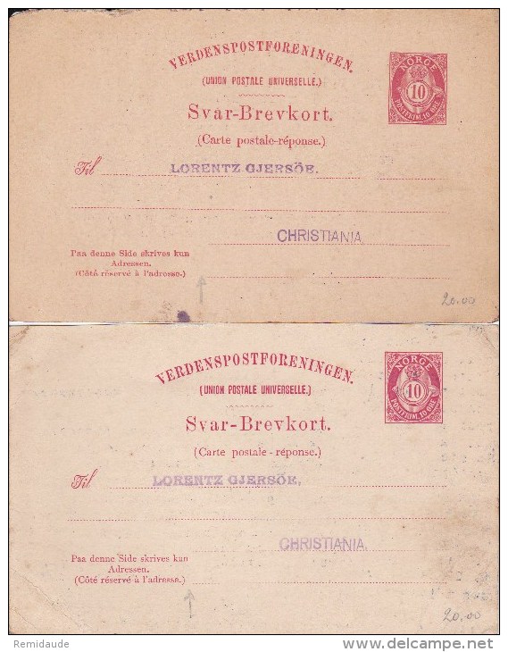 NORGE - 1894/99 - 2 CARTES ENTIER POSTAL PARTIE REPONSE NEUVES - VARIETE DECALAGE DES POINTS DANS LES 2 LIGNES DU BAS - Postwaardestukken