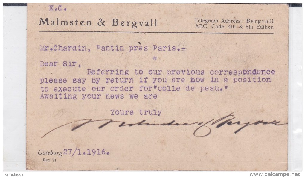 SUEDE - 1916 - CARTE ENTIER POSTAL De GÖTEBORG Avec REPIQUAGE COMMERCIAL PRIVE AU DOS Pour PANTIN - Postal Stationery
