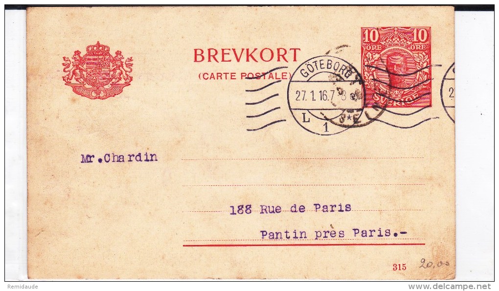 SUEDE - 1916 - CARTE ENTIER POSTAL De GÖTEBORG Avec REPIQUAGE COMMERCIAL PRIVE AU DOS Pour PANTIN - Enteros Postales