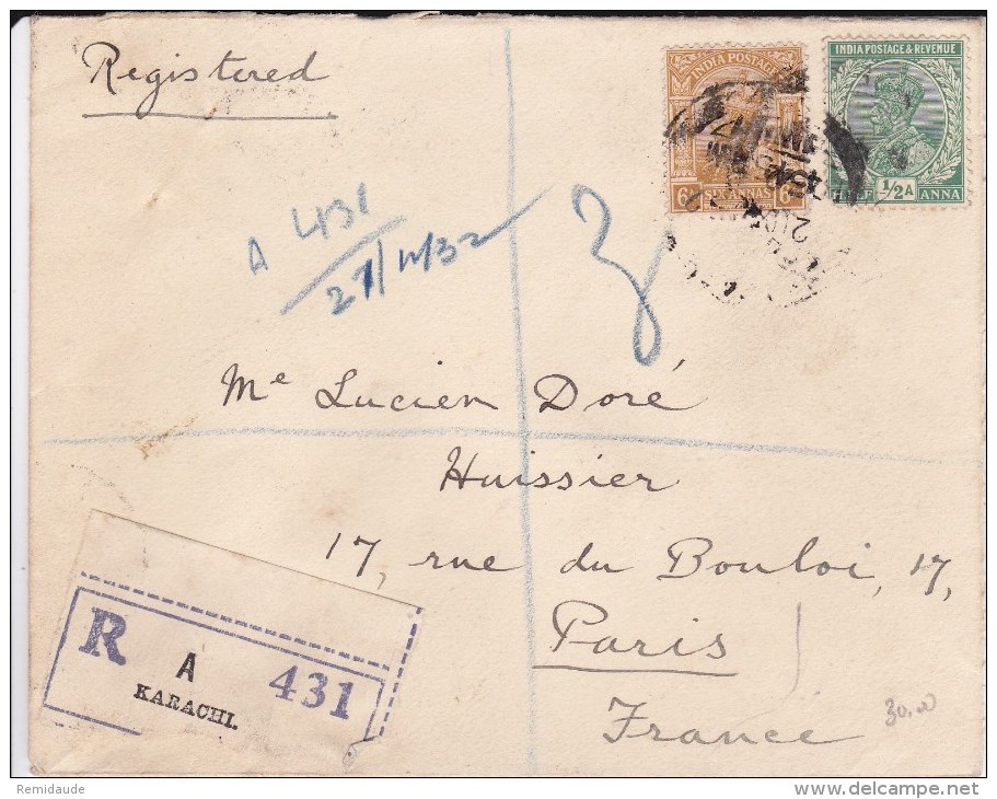 INDIA - 1933 - ENVELOPPE RECOMMANDEE De KARACHI (PAKISTAN) Pour PARIS - 1911-35  George V