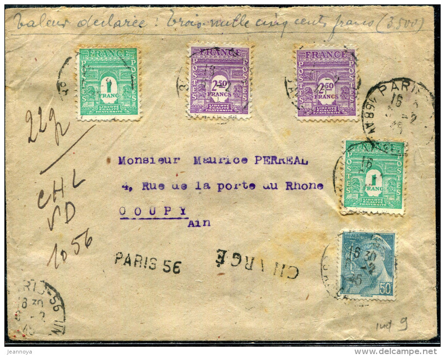 FRANCE - ARC DE TRIOMPHE - N° 624 (2) + 626 (2) + 549 / LETTRE CHARGÉ DE PARIS LE 6/2/1945, POUR L'AIN - TB - 1944-45 Triomfboog