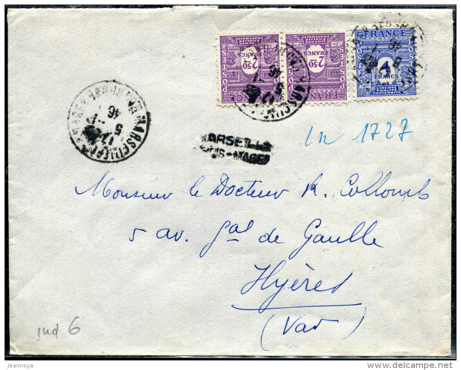 FRANCE - ARC DE TRIOMPHE - N° 626 (2) + 627 / LR PROVISOIRE DE MARSEILLE LE 5/1/1946, POUR HYERES - B - 1944-45 Arc De Triomphe