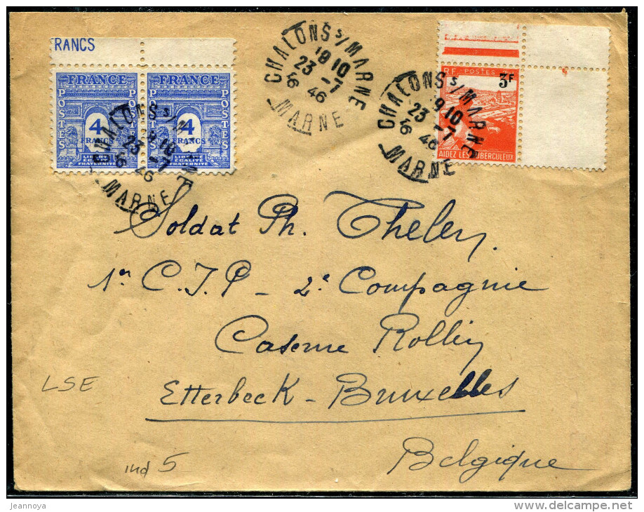 FRANCE - ARC DE TRIOMPHE - N° 627 (2) + 750 / LETTRE DE CHALONS/MARNE LE 23/7/1946, POUR BRUXELLES - TB - 1944-45 Triomfboog