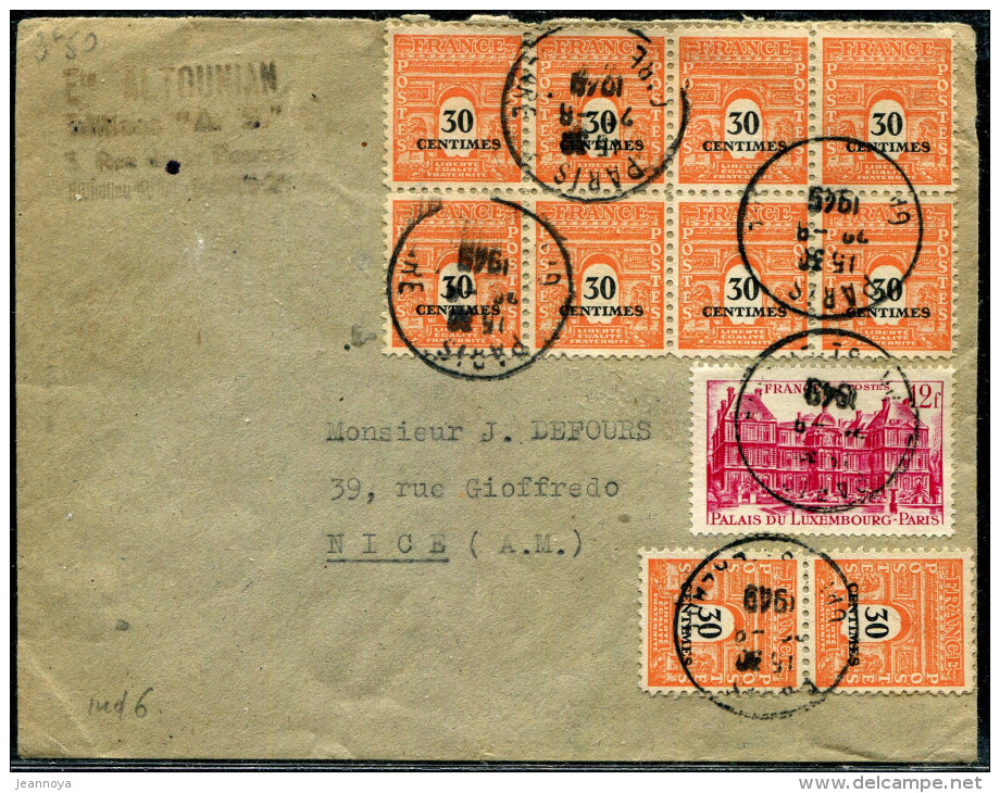 FRANCE - ARC DE TRIOMPHE - N° 702 ( 10) + 803 / LETTRE DE PARIS LE 22/8/1949, POUR NICE - TB - 1944-45 Arc De Triomphe