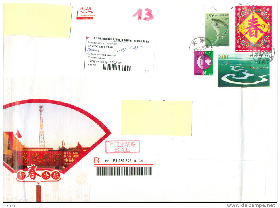 China Chine Large Registered Postal Stationery Fish Poisson Horse Cheval 2013 Circulated To Belgium - Covers