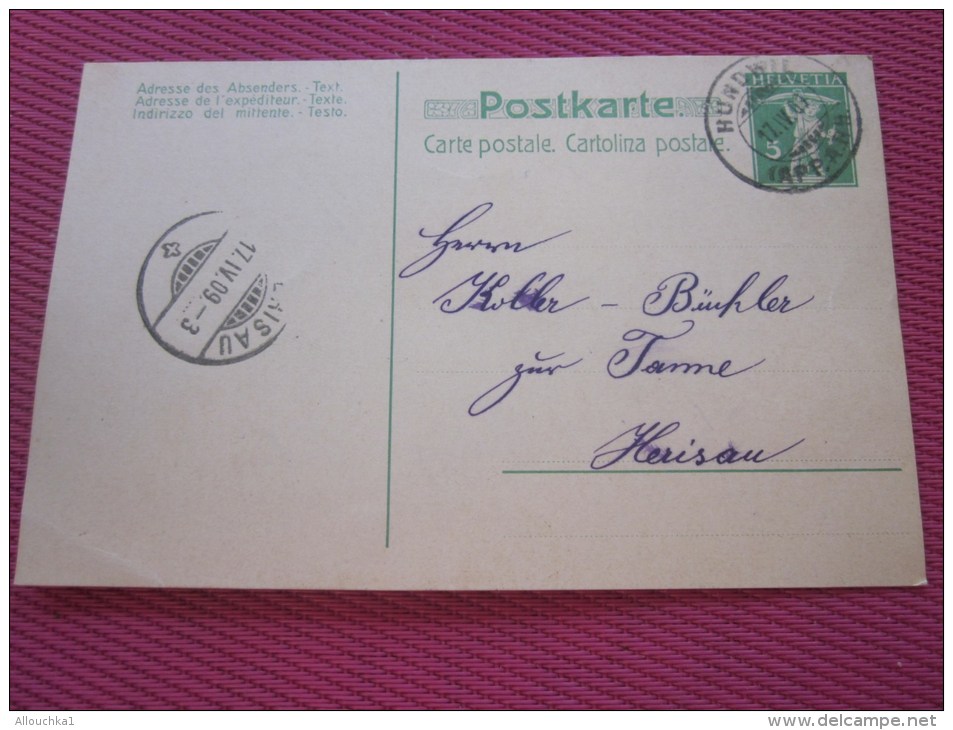 27 Avril 1909 Postkarte Cartolina Postale Entiers PostauX HUNDNER  Pr Koller HERISAU- Marcophile Suisse Helvetia - Interi Postali