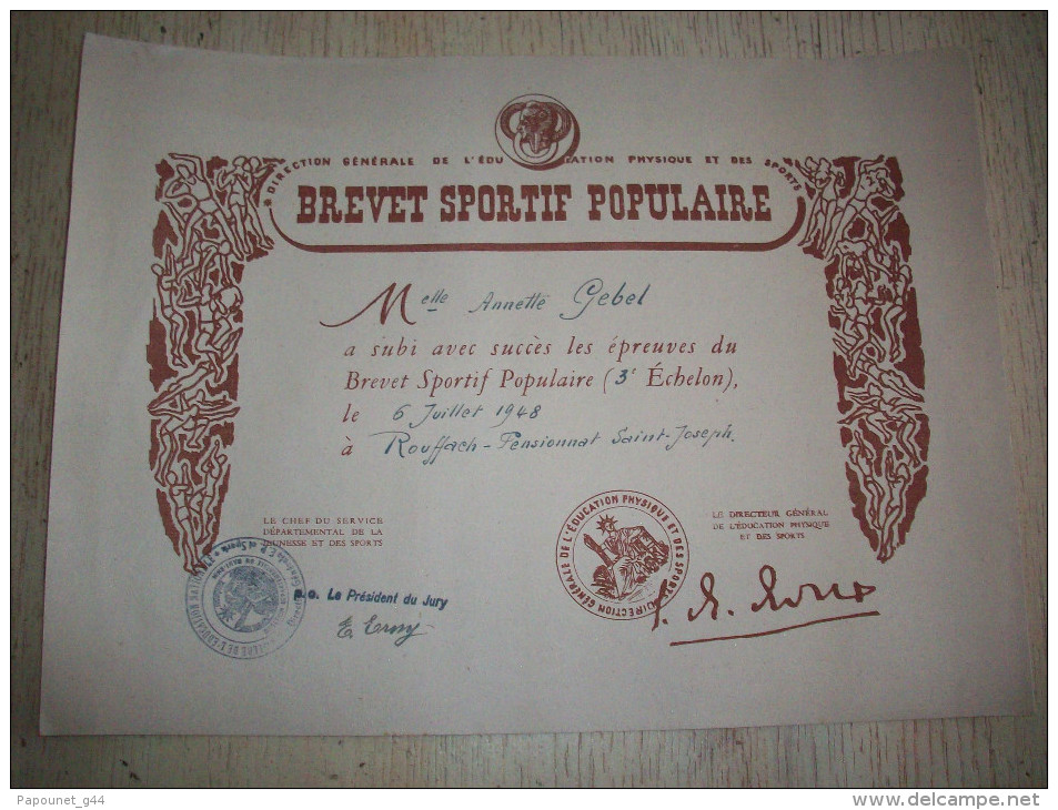 Diplôme : Brevet Sportif Populaire 1948 - Diplome Und Schulzeugnisse