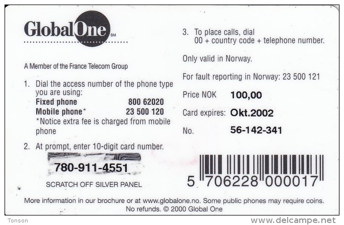 Norway, PPC 02II-06, GlobalOne (Earth Globe), 2 Scans.   Expiry Okt.2002 - Norvegia