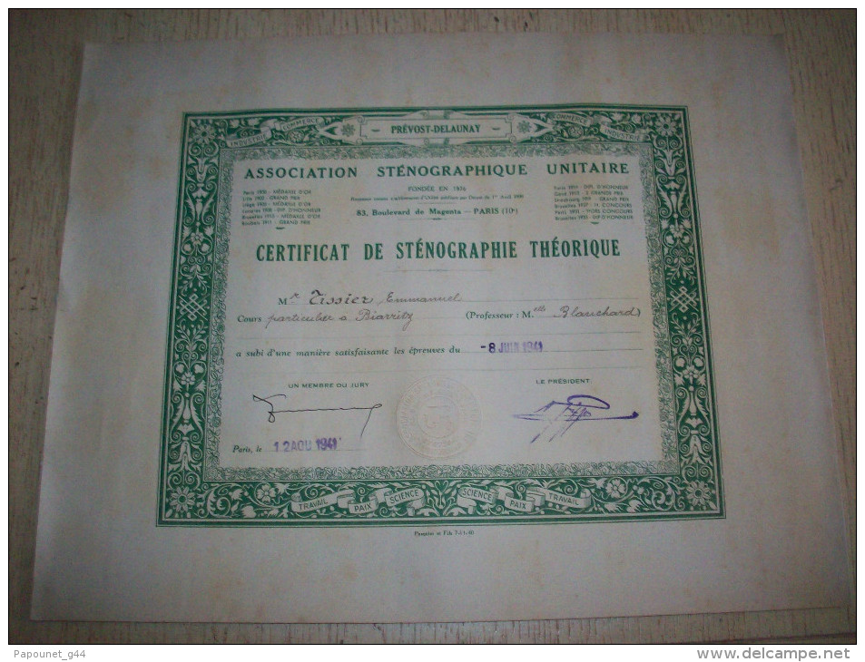 Diplôme : Certificat De Sténographie Théorique 1941 - Diplômes & Bulletins Scolaires