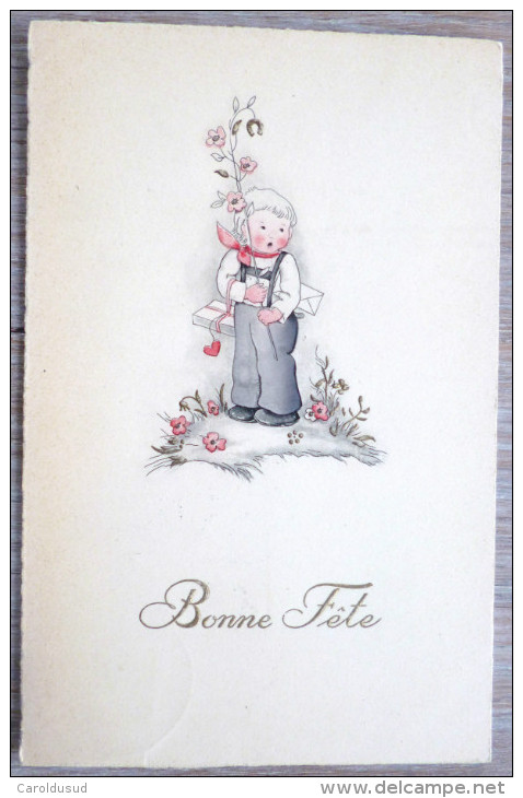 Cp Litho Illustrateur Lore H Hummel Enfant Lutin Branche Fleur Fer Voeux Fete Voyagé 1949 Timbre Cachet Dolhain - Hummel