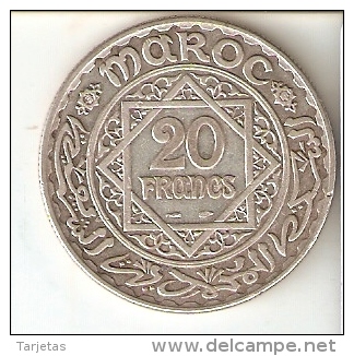 MONEDA DE PLATA DE MARRUECOS DE 20 FRANCS DEL AÑO 1352 (COIN) SILVER-ARGENT. - Marruecos