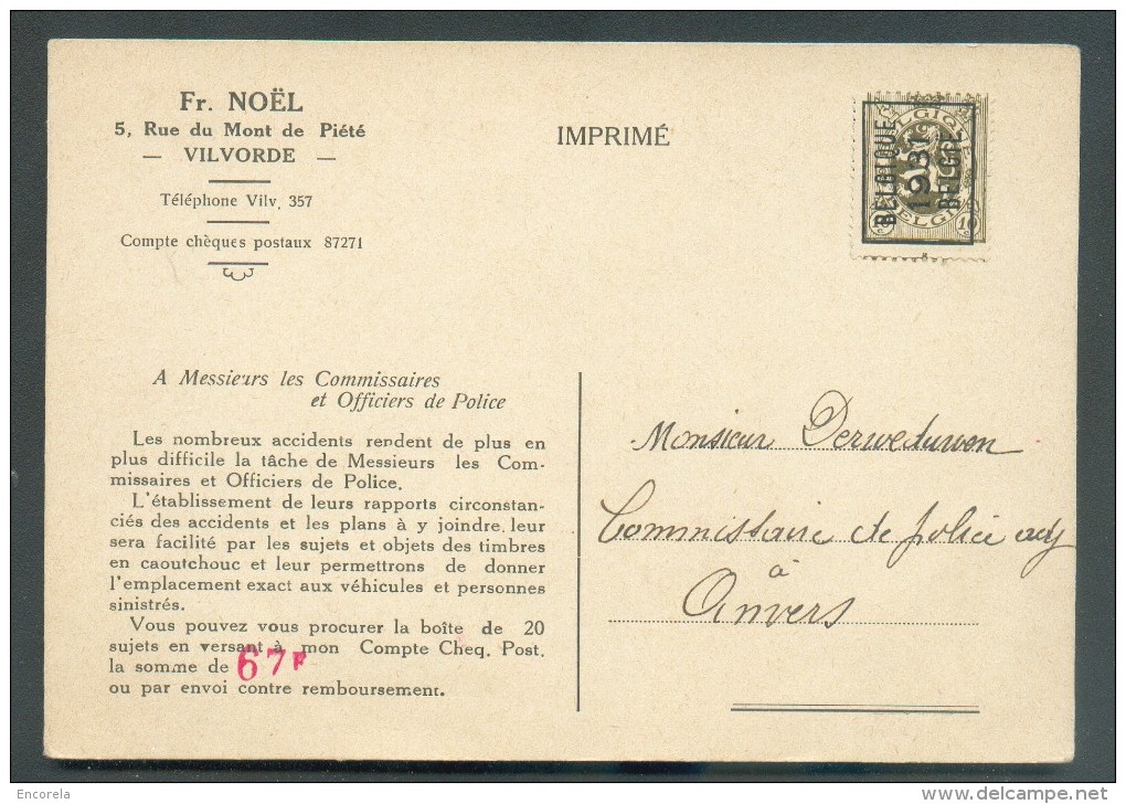 PREO Typo 248-A Sur CP Imprimée Publicité "Fr. NOEL VILVORDE" Vers Anvers - Belle Illustration (personnages - Métiers Et - Typos 1929-37 (Heraldischer Löwe)