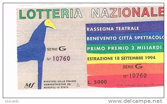 LOTTERIA NAZIONALE RASSEGNA TEATRALE "CITTA' SPETTACOLO" DI BENEVENTO   1994 : - Biglietti Della Lotteria