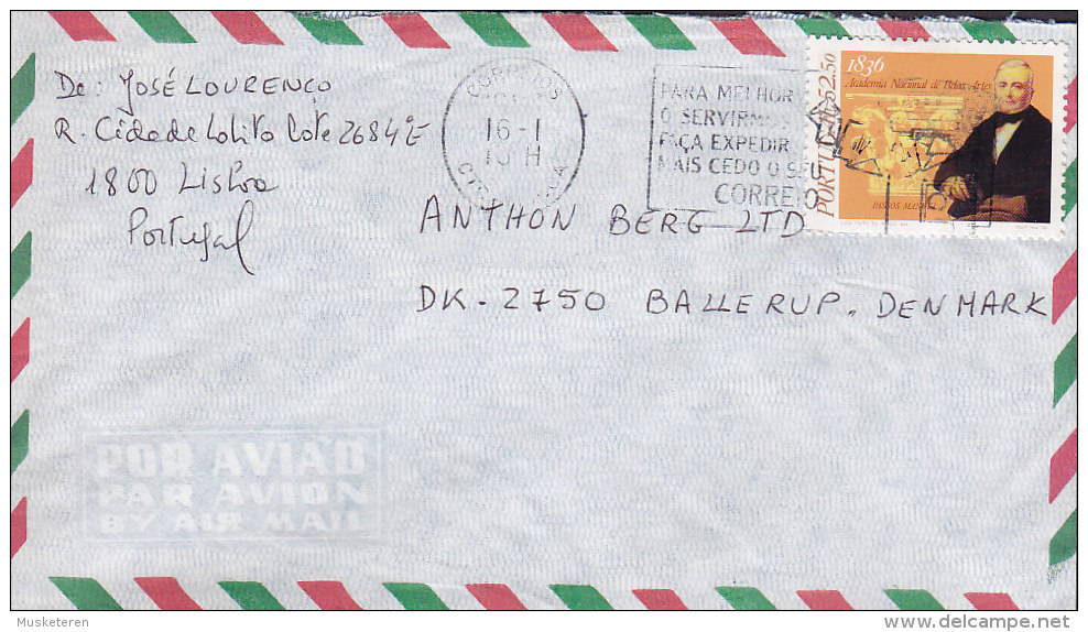 Portugal Airmail Por Aviao Par Avion LISBOA 1987 Cover Letra To Denmark Academia National De Belas Artes Stamp - Lettres & Documents