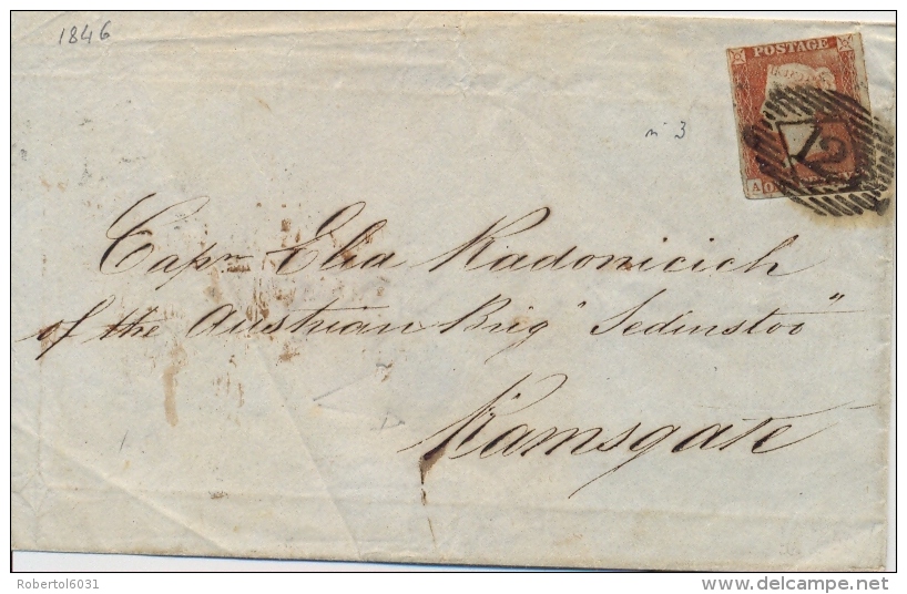 Great Britain 1846 Penny Red Imperf On Envelope Without Text From London 12 To A Captain Of Austrian Brigade In Ramsgate - Cartas & Documentos