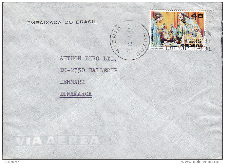 Spain Airmail Via Aerea EMBAIXADA DO BRASIL, MADRID 1986 Cover Letra To Denmark Navidad Stamp - Cartas & Documentos