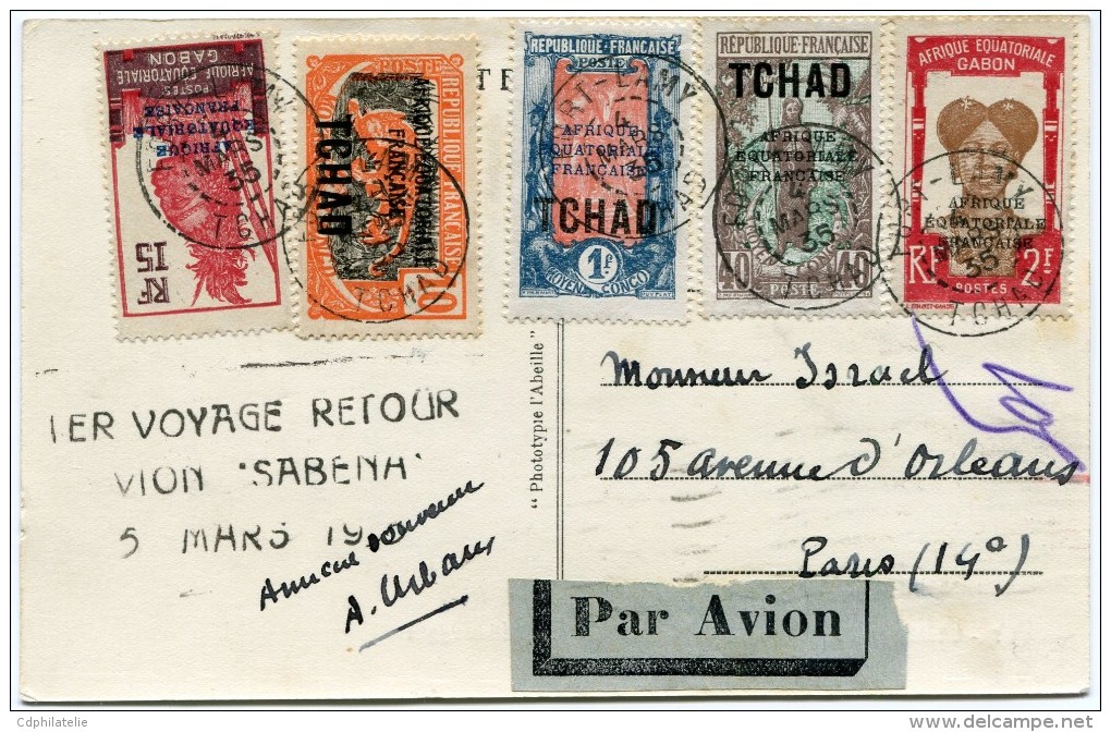 TCHAD CARTE POSTALE PAR AVION AVEC GRIFFE 1ER VOYAGE RETOUR AVION "SABENA" 5 MARS 1935 - Covers & Documents