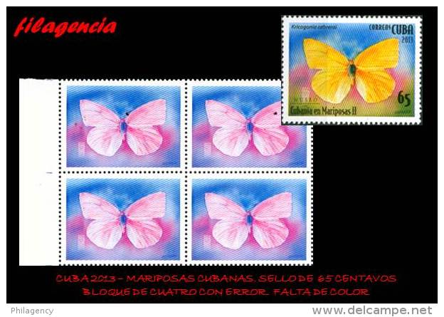 PIEZAS. CUBA. PRUEBAS DE COLOR. 2013-11 MARIPOSAS CUBANAS. SELLO DE 65 CENTAVOS. BLOQUE DE CUATRO - Non Dentelés, épreuves & Variétés