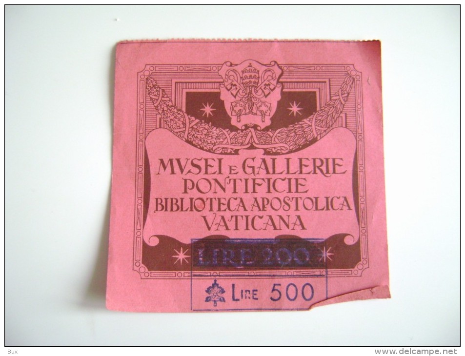 TICKET BIGLIETTO MUSEI E GALLERIE PONTIFICIE BIBLIOTECA APOSTOLICA VATICANA LIRE 500 - Biglietti D'ingresso