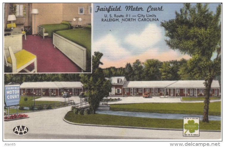 Raleigh NC North Carolina, Fairfield Motor Court, Motel Lodging, C1950s Vintage Linen Postcard - Raleigh